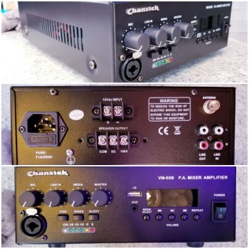 Chanstek VM-60B  輸出功率:60W 輸入電壓:220V/DC 12V 音箱輸出:8Ω~16Ω, 100V 尺寸:310X210X80(MM) USB/藍芽/LINE IN播放音樂